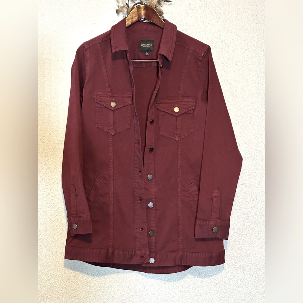 Liverpool Los Angeles Burgundy Blush Denim Jacket Size M Button-Up Pockets NWOT